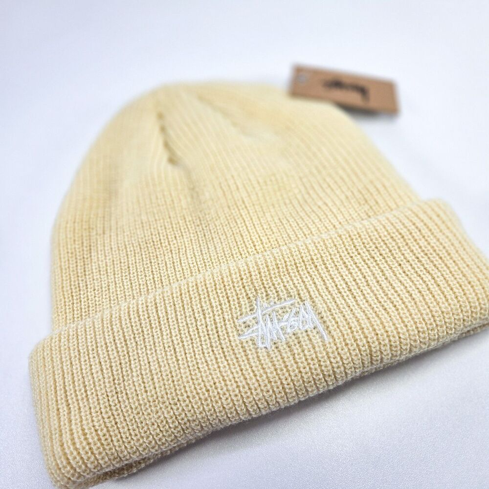 Stussy Basic Cuff Beanie Beach Sand White Logo NWT
